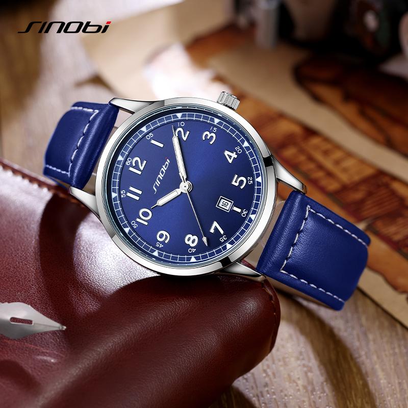 SINOBI Fashion Design Men's Watches Original Leather Strap Man's Quartz Wristwatches Top Luxury Male Best Gifts Luminous Clock