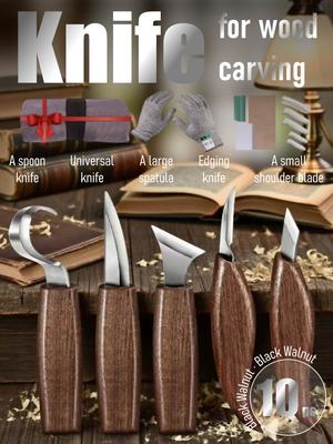 10-teiliges Holzschnitzmesser-Set – Griff aus Schwarznuss, Löffel-/Kanten-/Universal-Schnitzwerkzeug-Set mit Zubehör