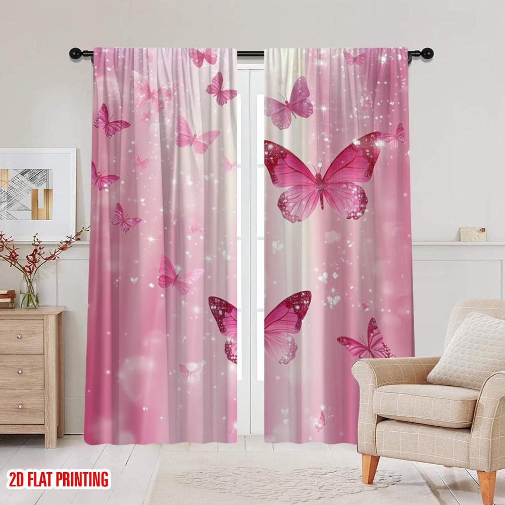 2pcs,2D Plane Printing Window Curtain Pink Flutterdreams Durable 100% Polyester Fabric (without Rod) Outdoor Decorations for