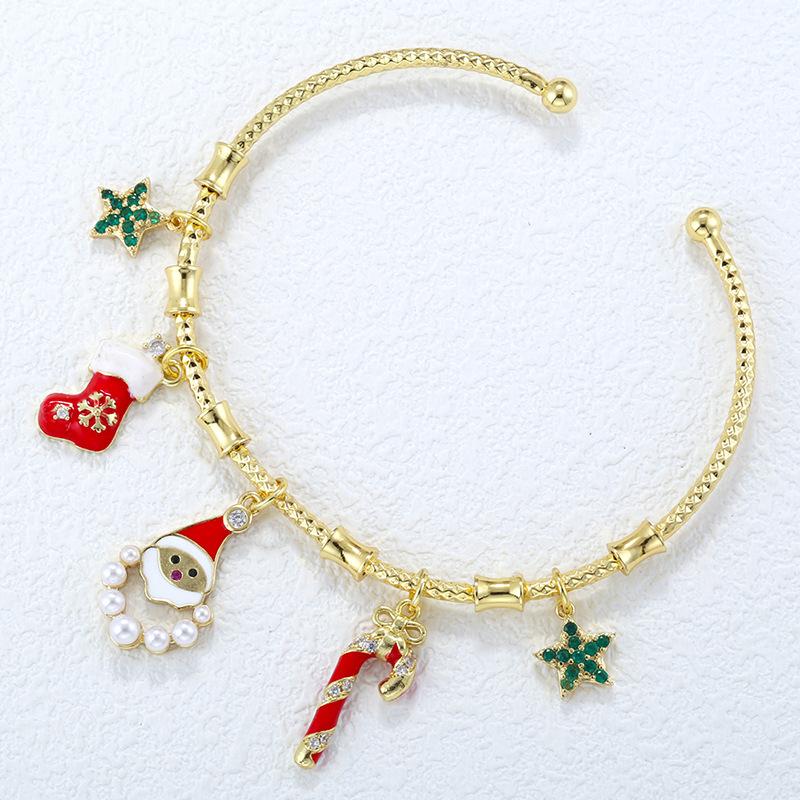 Copper Studded Diamond Santa Bells Snowflake Splicing Bracelet Sweet Christmas Open Bracelet