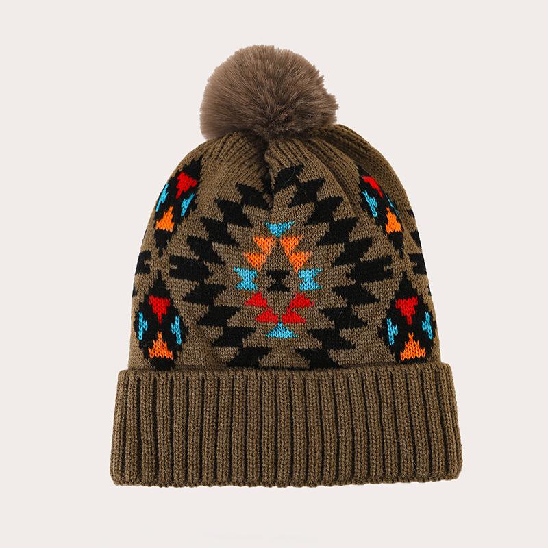 Hat Women's Winter Bohemian Colorful Plaid Jacquard Knitted Hat Imitation Hairball Warm Wool Hat