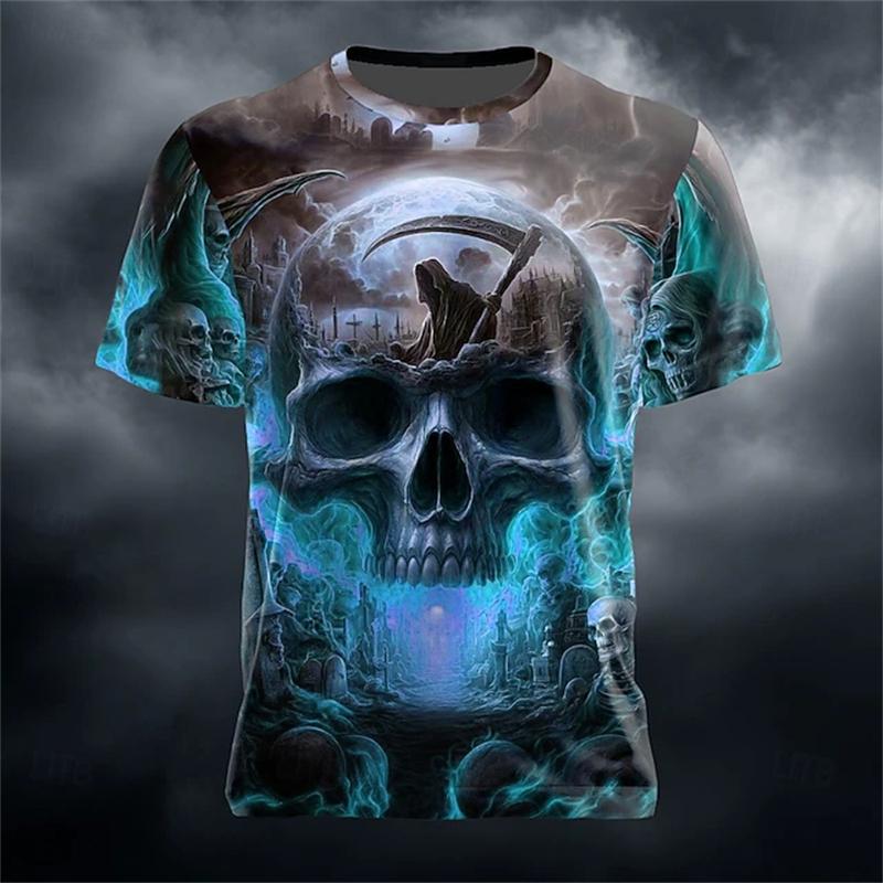 2026 Summer 3D Skull Print with Fire Pattern Men's T-Shirt - Stylish Round-Neck Short-Sleeve T-Shirt - Spooky Halloween Top