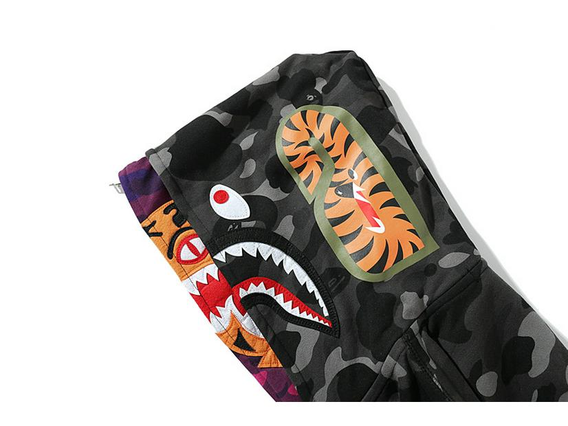 Camouflage Shark Tiger Head Double Hoodie Men's Winter Plush Zipper Jacket
