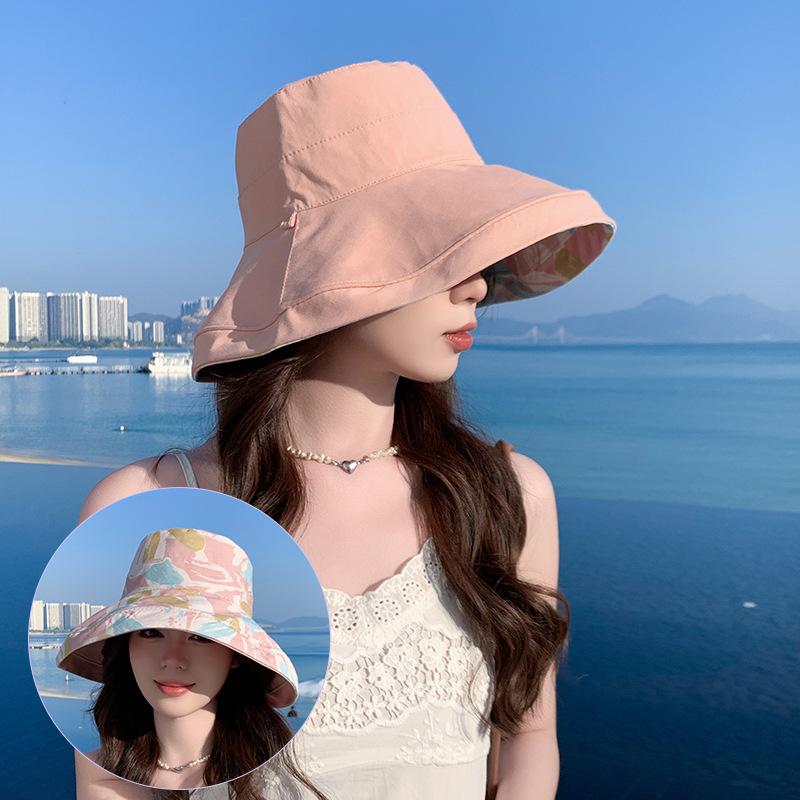 Double-sided fisherman's hat, children's outdoor sunscreen hat, European and American summer cotton large edge printing pot hat, casual sun hat