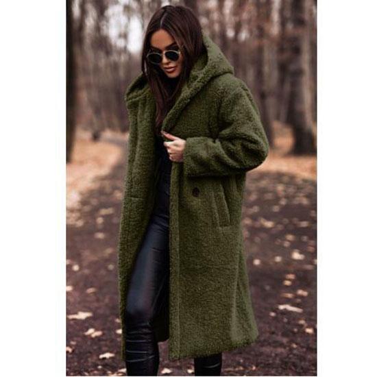 Women's Autumn and Winter Fashion Woolen Coat Solid Color Loose Long-sleeved Casual Woolen Hooded Single-button Long Coat