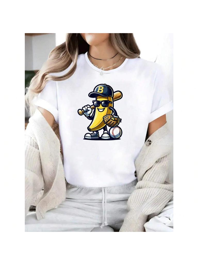 Cartoon Banana Playing Baseball Printed Round Neck Short Sleeve T-Shirt Casual And Versatile Style Suitable For Summer Ladies