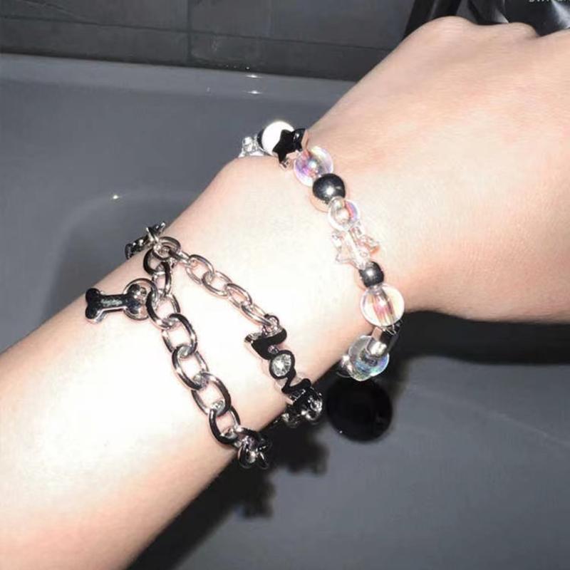 Unique Star Beaded Bracelet Harajuku Crystal Star Pentagrams Bead Wristlet Heart Metal Bead Handchain Jewelry Gift Women