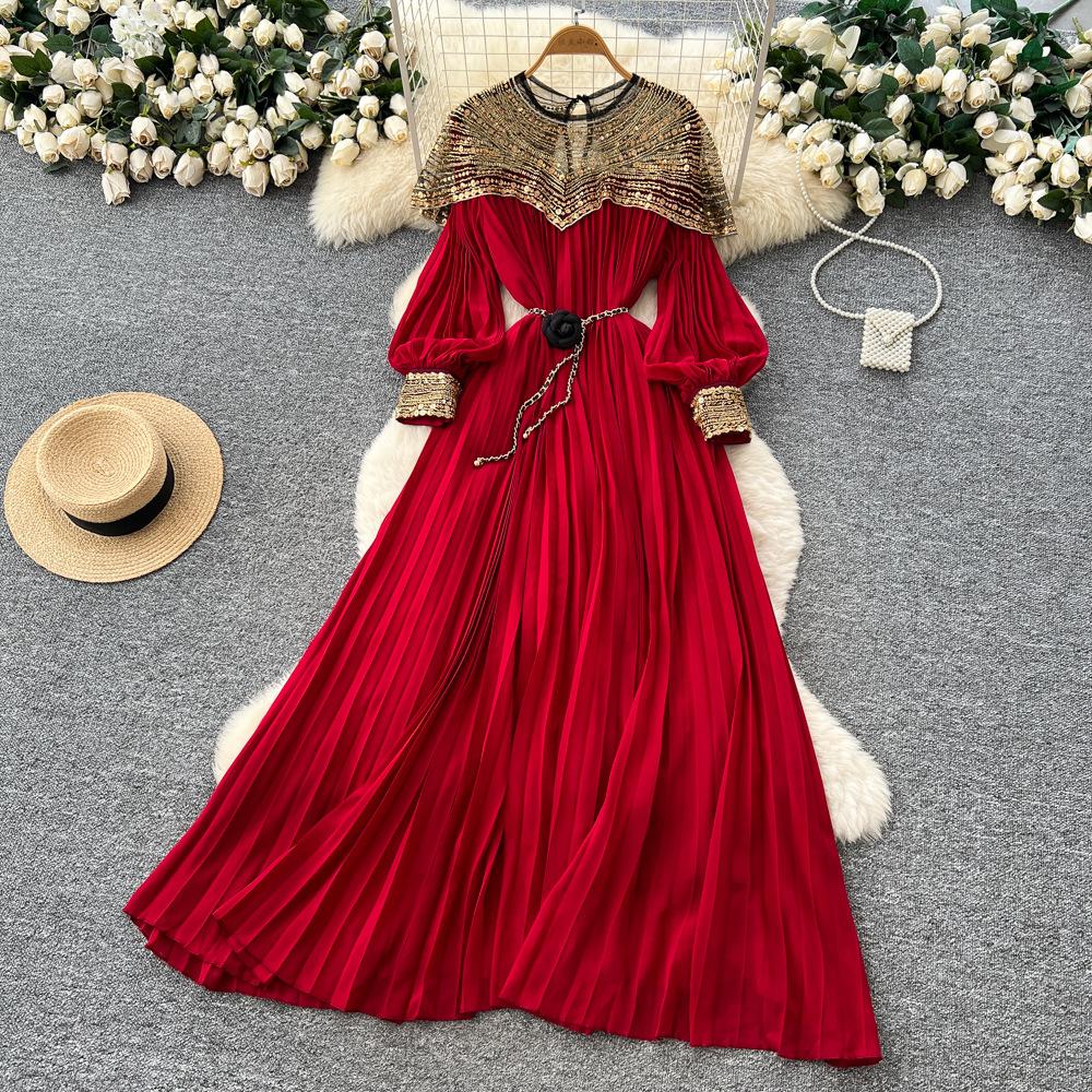 French heavy industry embroidered bead sequin mesh stitching lantern sleeve strap waist pleated dress women's high-end long dress
