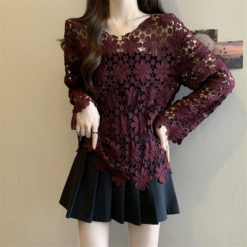 

DIMANAF 2025 Новые летние женские праздничные футболки с вырезом, базовые кружевные модные топы, кружевные футболки, повседневные свободные футболки One Size красный