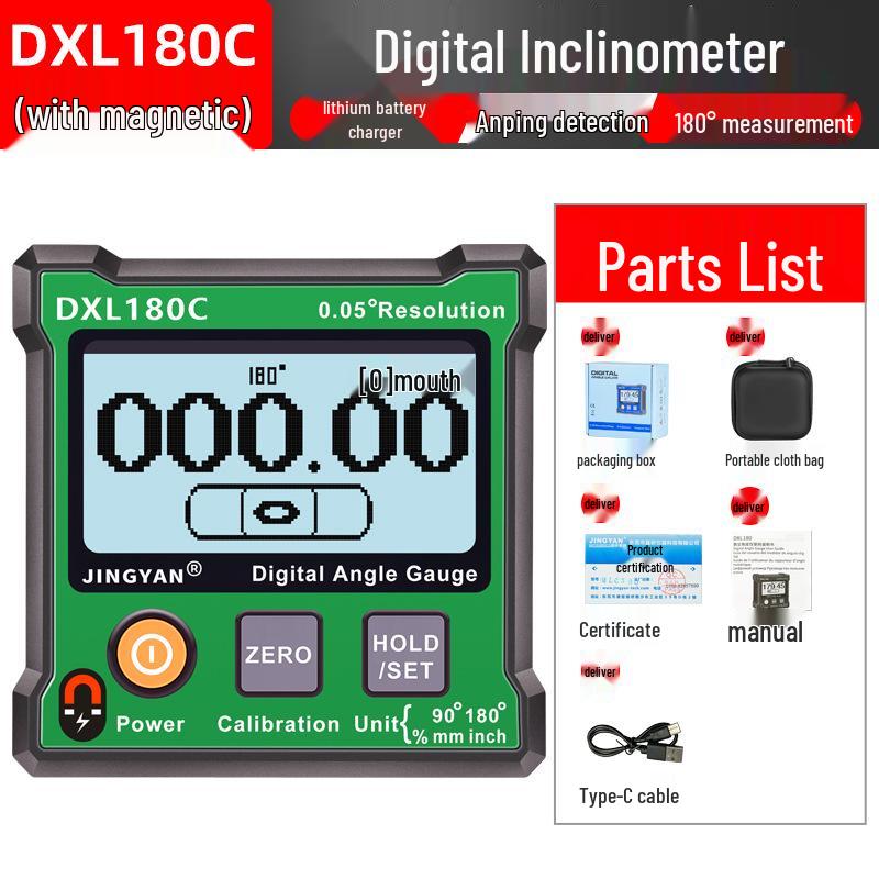 Jingyan Electronics DXL180C High-Precision Digital Inclinometer with Magnetic Spirit Level and 180° Angle Finder