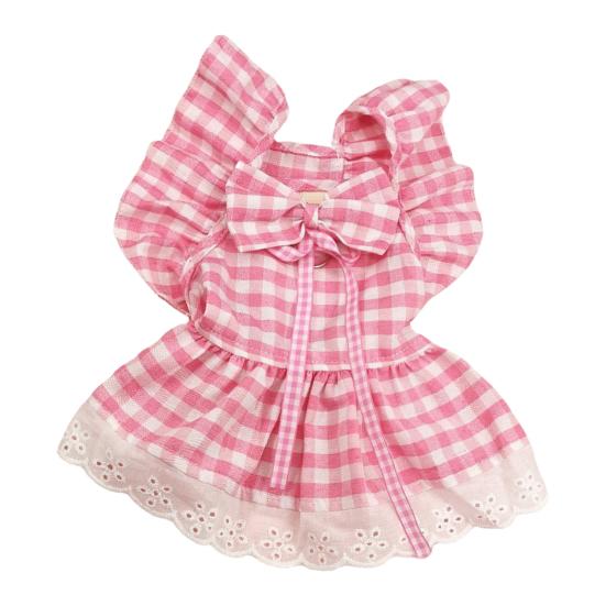 Yousheng 1 Set Pet Princess Dress Lace Patchwork Eye-catching Comfortable Soft Square Collar Dress Up Ruffle Sleeves Plaid Print Puppy Dog Skirt Pet