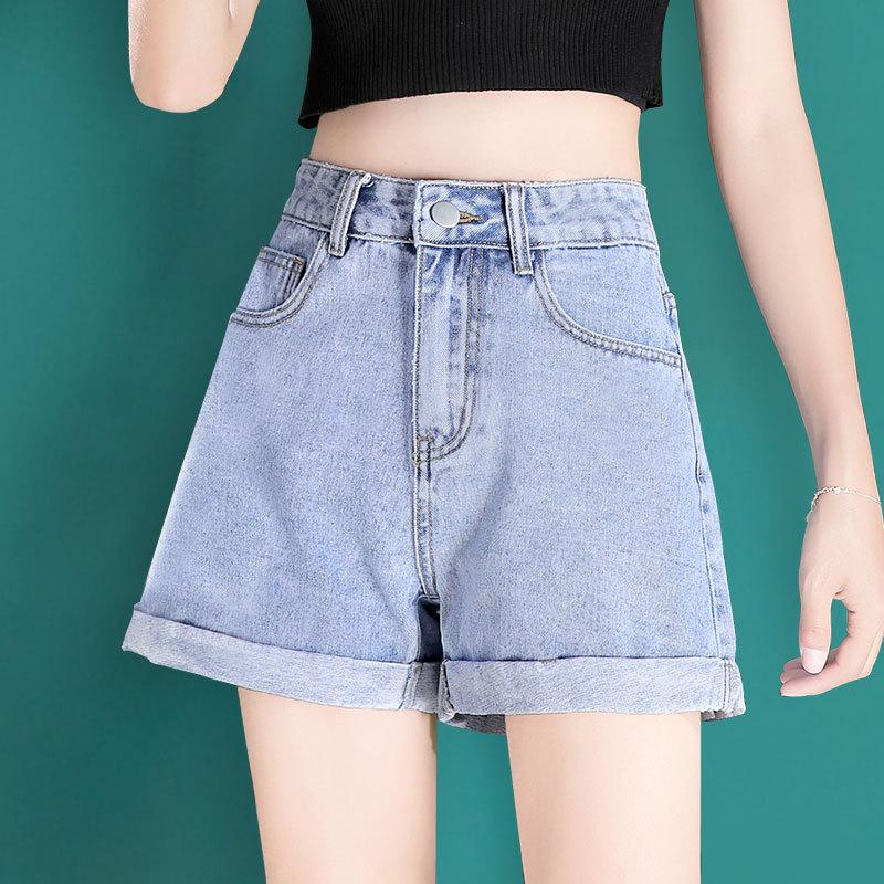 Rolled Denim Shorts Women's Fashion A-line High Waist Casual Loose Wide Leg Shorts