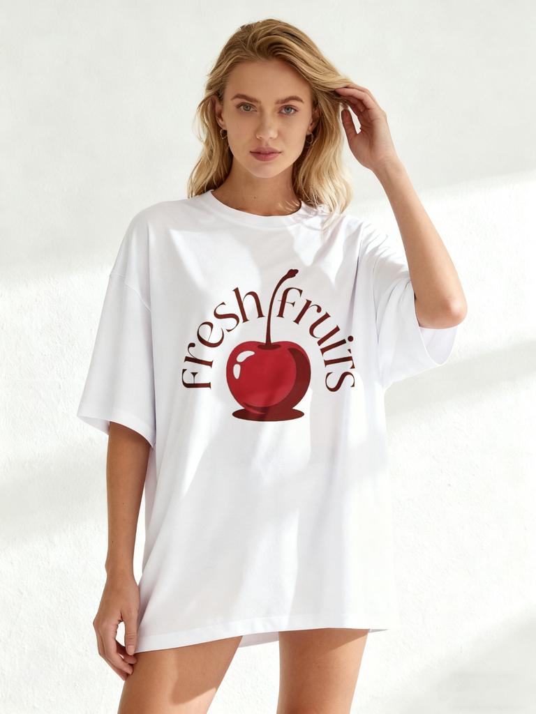 Oversized T Shirt Black Fresh Fruits Cherry Print Graphic Tee Casual Summer Wear