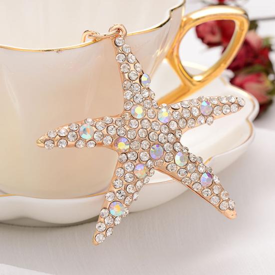 Keychain Sparkling Rhinestones Inlaid Starfish Design Keychain Pendant Enamel Oil Drip Process Smooth Edges Spring Buckle Key Holder Backpacks