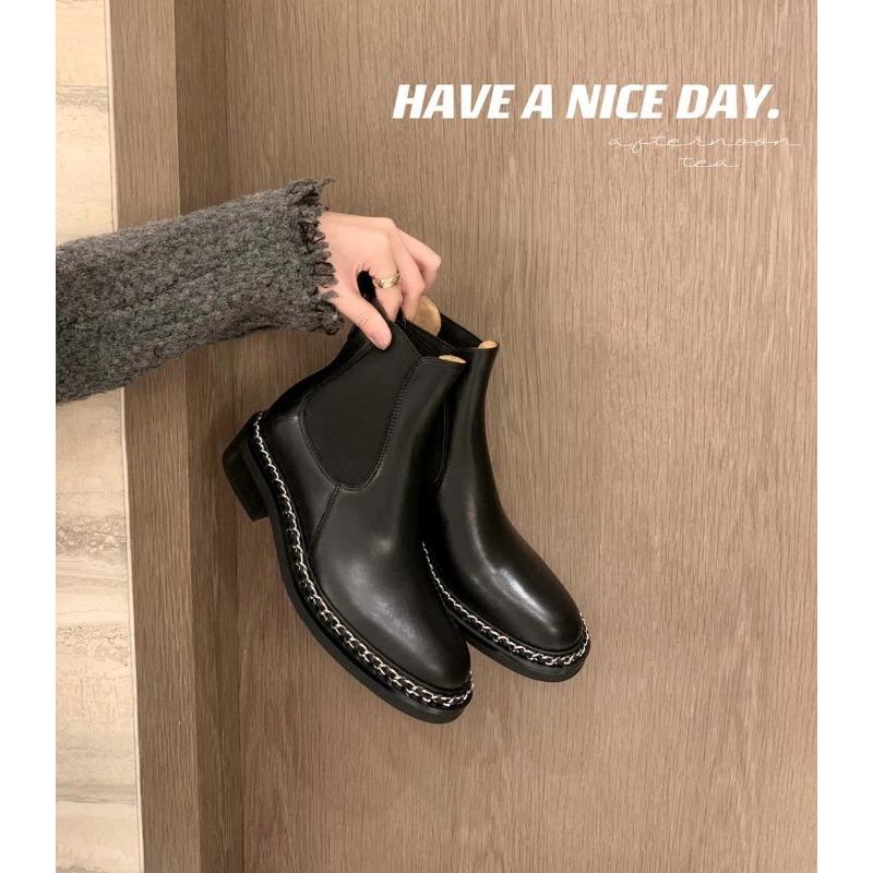 ! Shoe chain thick heel Chelsea short boots women's mid tube Martin boots autumn