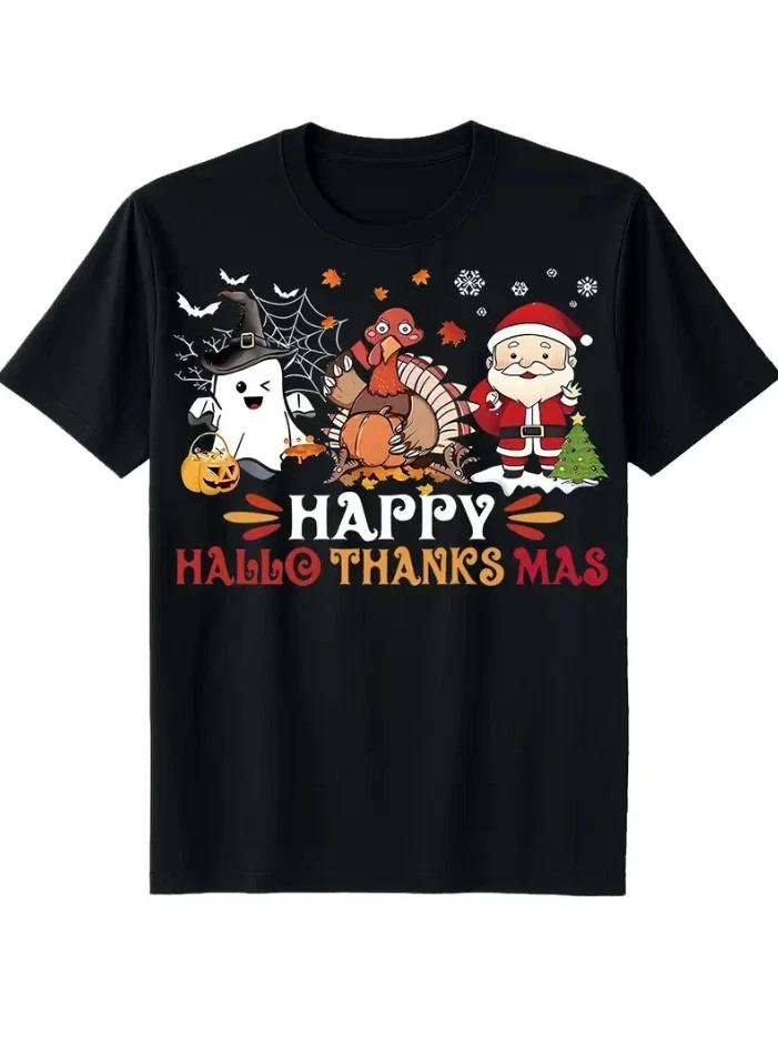Happy Hallo Thanksmas Funny Halloween Thanksgiving Christmas Unisex T-Shirt S