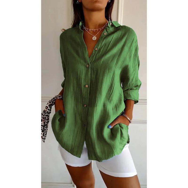 Camisa Casual de Verão com Decote em V e Botões Moda Feminina Solta Sólida com Lapela Camisa de Escritório Feminina Top Retrô