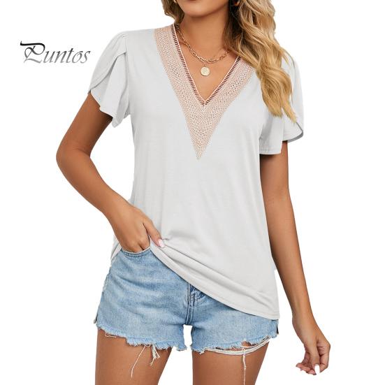 Tee Top V-neck Petal Short Sleeve Women T-shirt Summer Shirt Golden Lace Stitching Loose Pullover Streetwear