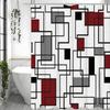 Modern Geometric Square Red Gray Black Shower Curtain, Bathroom Decorative Shower Curtain, Waterproof Shower Curtain with Hooks
