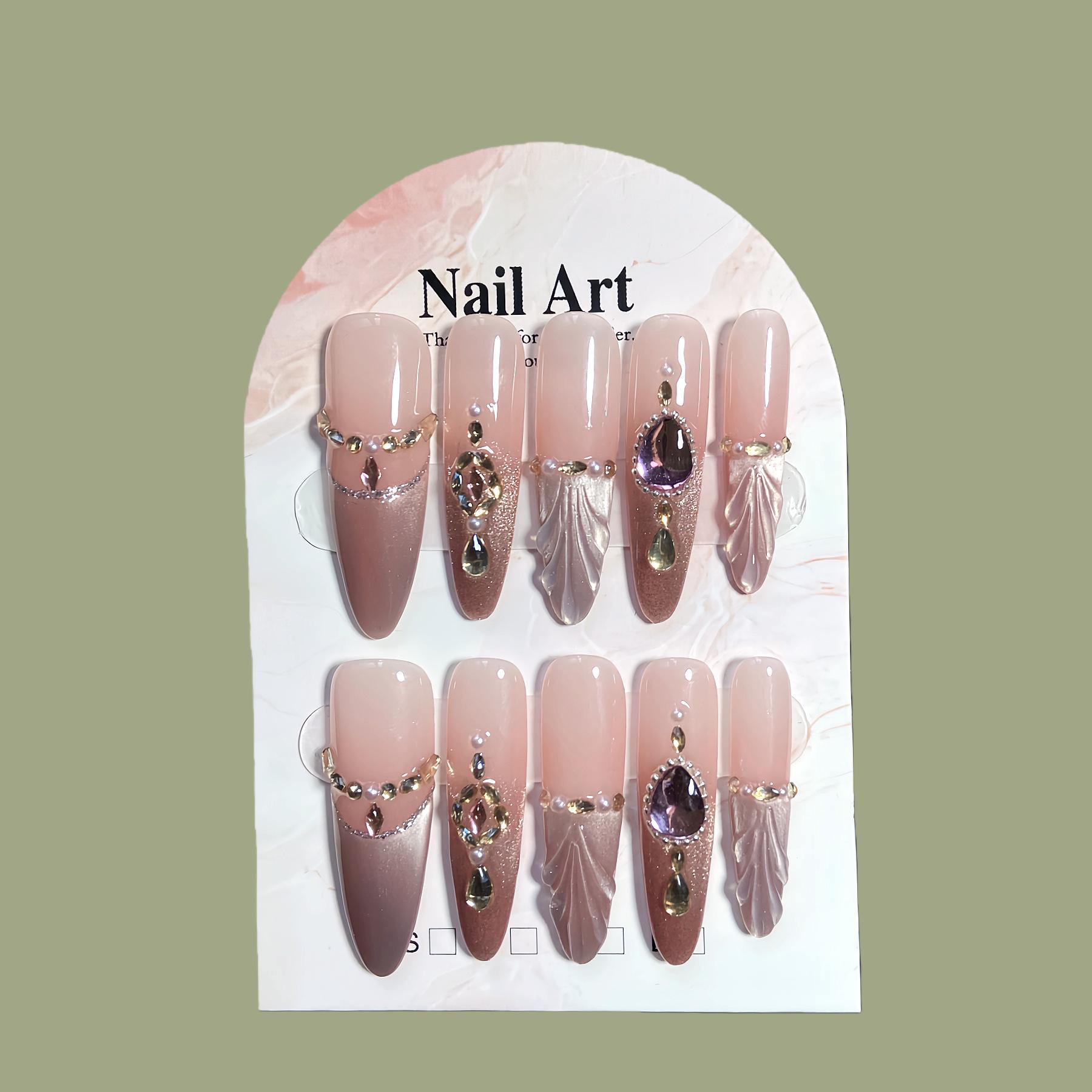 Purple Diamond Shell Cat Eye Nails: Handmade, Luxurious, Elegant Nude Pink with Exquisite Diamonds and Mermaid Fairy Style.