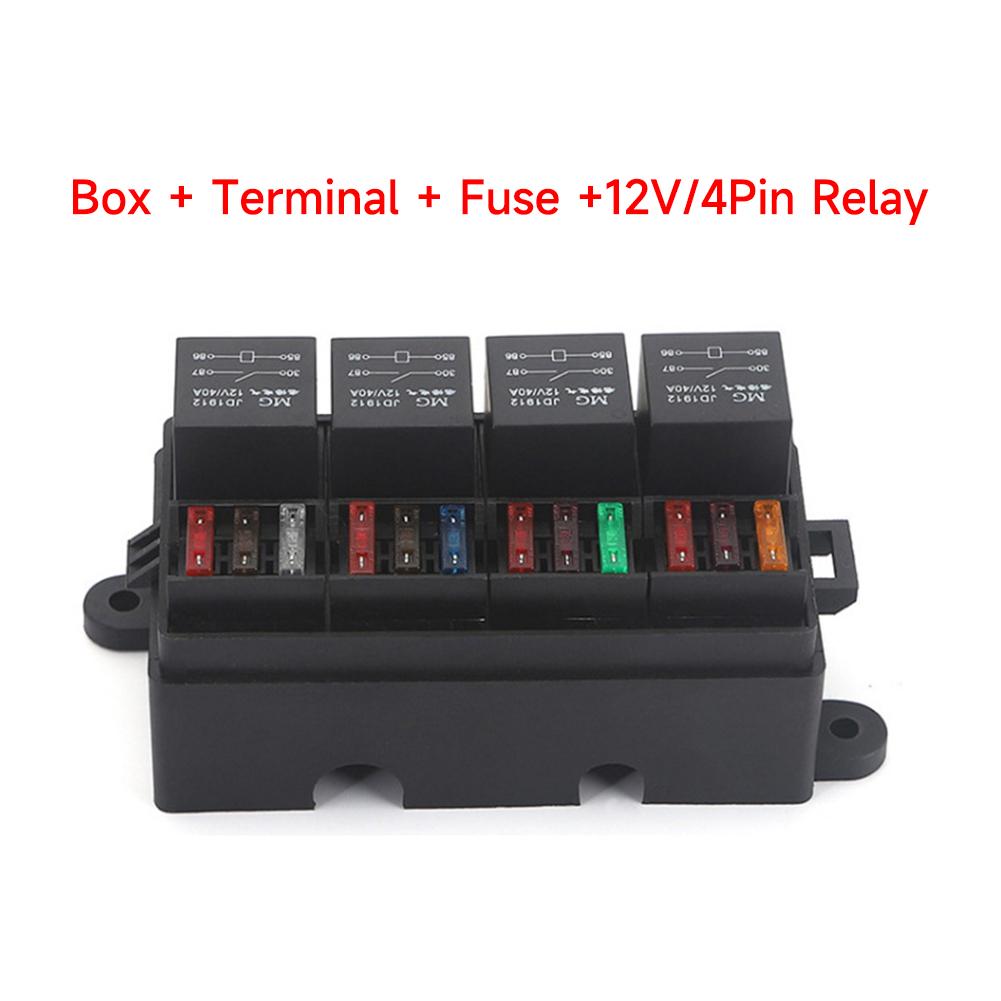 12V Fuse Relay Box with 4 Relay Blocks 12-Way Fuse Holder Dual Pre-Wired Automotive Fuse Block with Cover for Car Truck Marine RV Boat