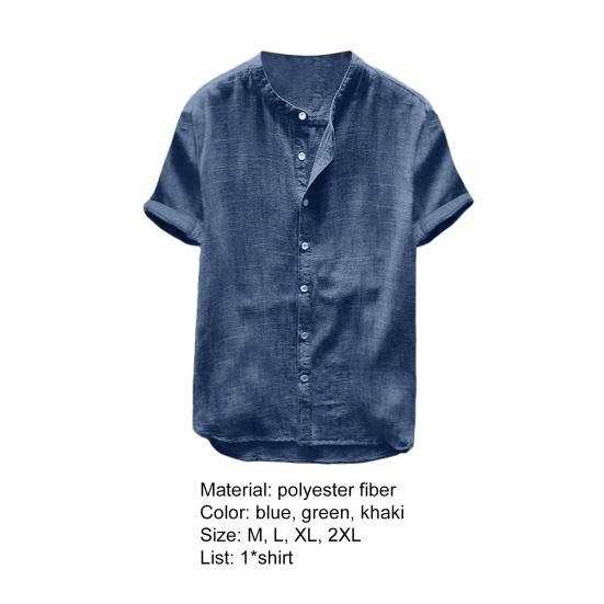 Short Sleeve Beach Shirt Stand Collar Men Solid Color Slim Fit Casual Shirt Streetwear