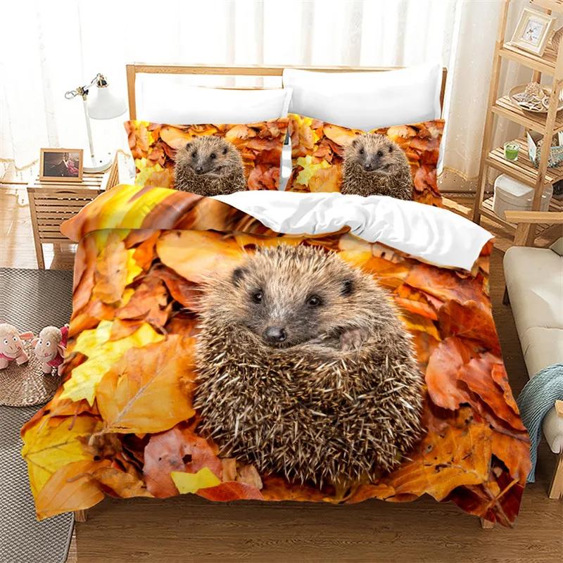 Hedgehog Bedding Set Cute Kawaii Wildlife Comforter Cover With Pillowcases For Boys Girl Polyester Bedding Set King Size