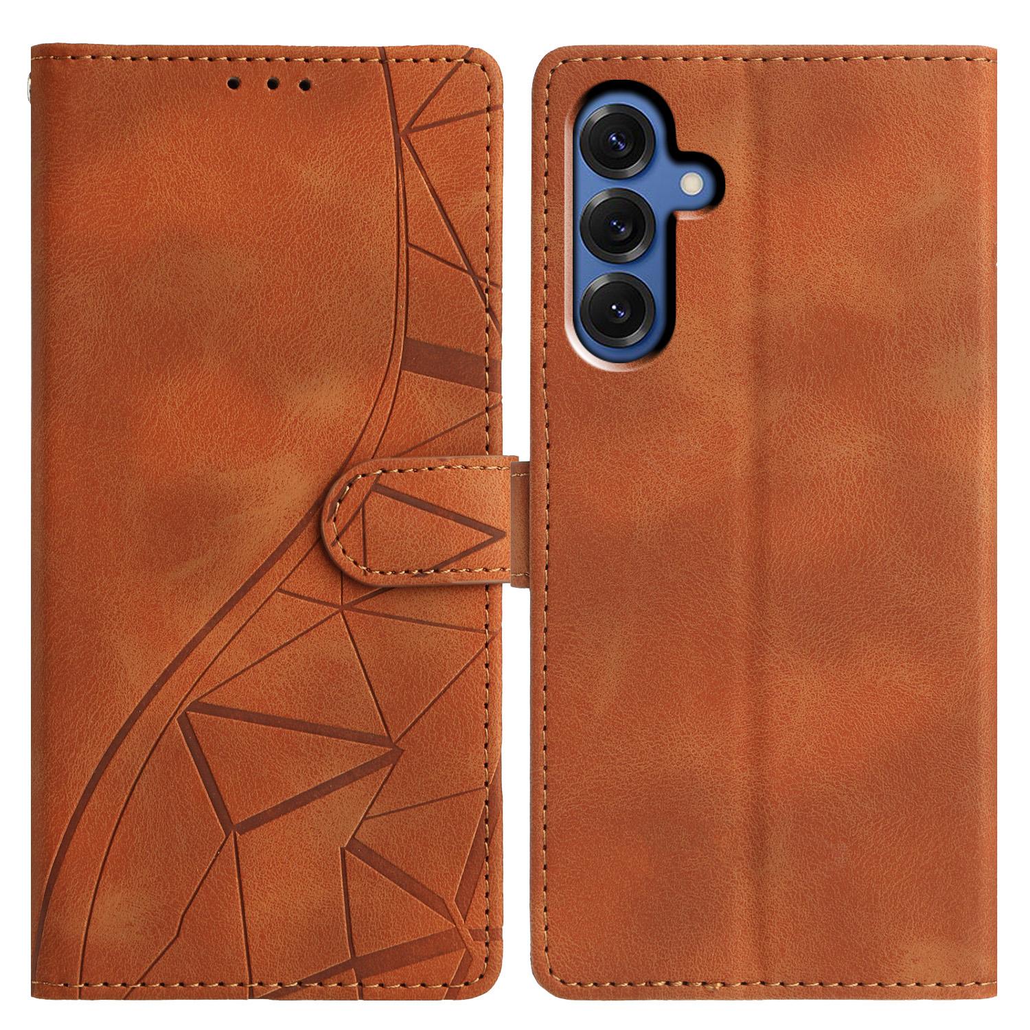 

For Samsung Galaxy A35 5G Case Wallet Stand Imprinted Triangle Pattern Leather Phone Flip Cover Brown
