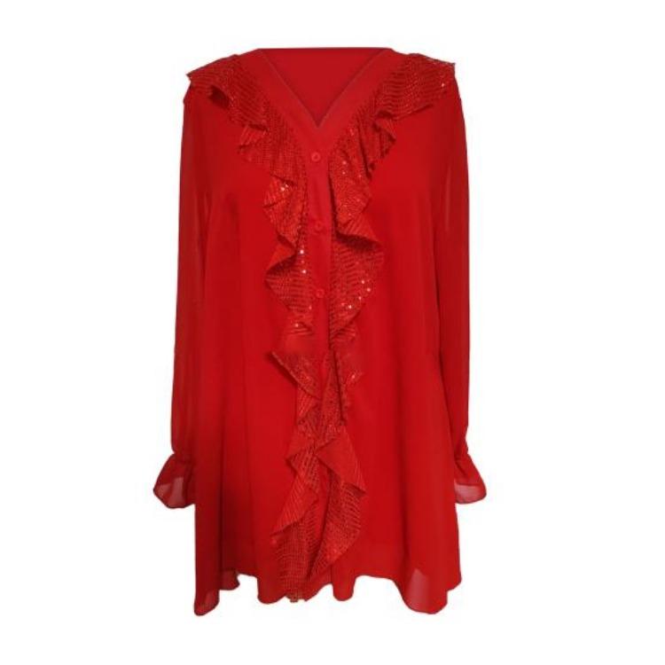 Haut décontracté à manches longues et col en V en mousseline pour femme, bordure à volants, boutonnage simple, coupe ample, couleur unie, coupe régulière