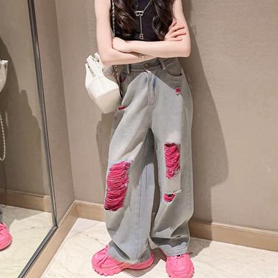 Girls Fashion Spray-Painting Butterfly Denim Wide Leg Pants High Waist Korea Style Long Jeans Teens Trousers