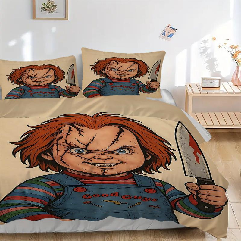 3-teiliges Chucky Vatertag Bedrucktes Steppdecken-Set - Enthält 1 Bettbezug und 2 Kissenbezüge, Maschinenwaschbar - Geeignet für alle Jahreszeiten.C020
