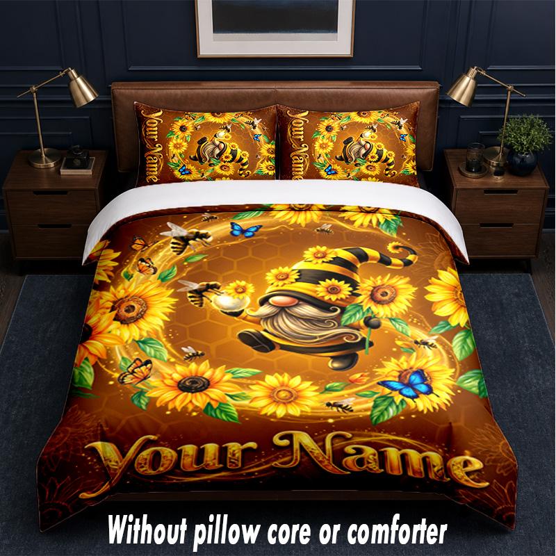 Gnome Theme Custom Text Or Name 3Pcs Bedding Set,1 Flat Sheet & 2 Pillowcases Personalized Home Bedding