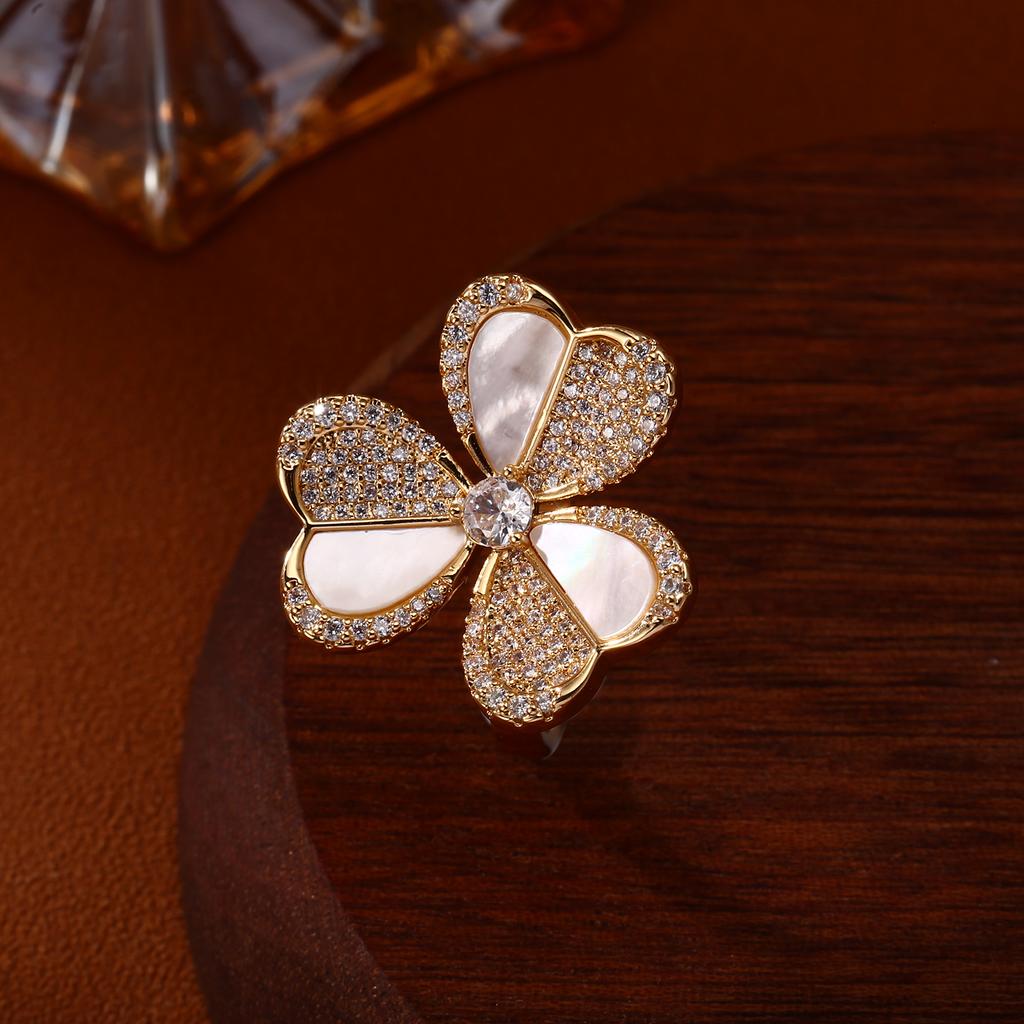 Gold Plated Four Leaf Clover Mother of Pearl CZ Statement Ring for Women, Luxury Flower Open Ring, Wedding Party Daily Wear Gift