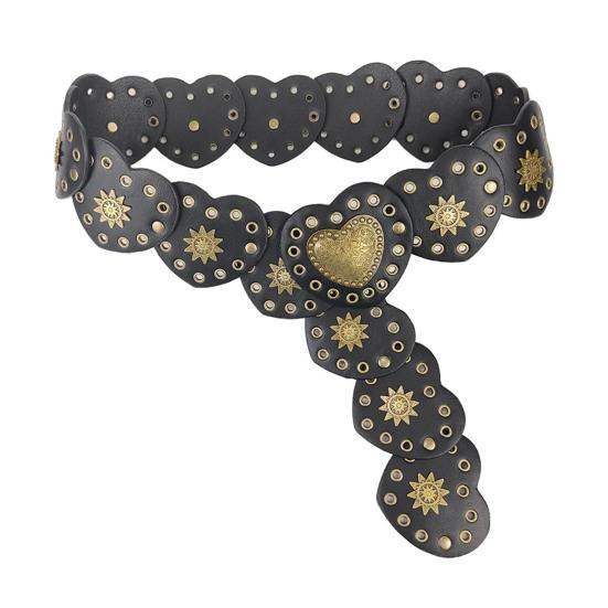 

Ретро ковбойский ремень в стиле вестерн с полыми отверстиями, металлический пояс с вышивкой сердца, однотонный регулируемый ремень из искусственной кожи, аксессуары для костюма чёрный