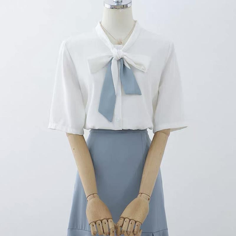 Bow Tie Blouse Women Summer Thin French Blouse Women Loose Belly Short-sleeved Chiffon Shirt Solid Shirt
