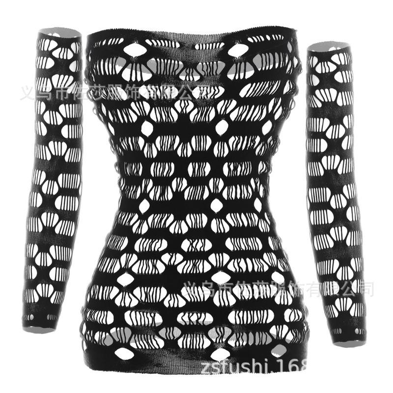 Sex Clothes New Jacquard Short Skirt One-piece Mesh with Sleeves Off-the-shoulder Long Sleeves Elastane