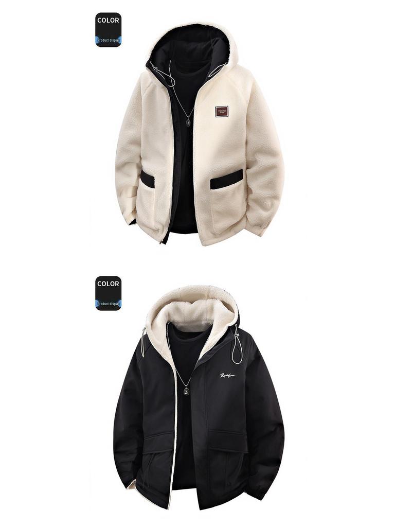 Men's Green Lambswool Hooded Jacket: Double-Sided, Casual, Velvet-Lined, Autumn/Winter Coat.