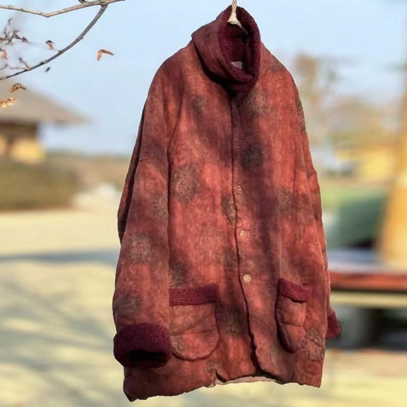 Johnature Women Vintage Print Floral Button Winter Coats Pockets Warm Chinese Style Coats