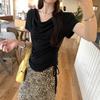 2026 Korean Style Lyocell Tencel Swing Neck Drawstring Short Sleeve Slim Fit Summer Top
