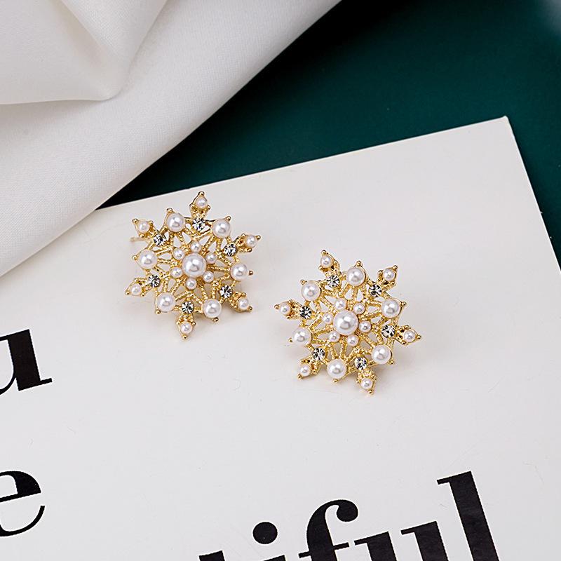925 Silver Needle Flash Diamond Snowflake Pearl Stud Earrings, Korean Exquisite Internet Celebrity French Light Luxury Elegant Charming 