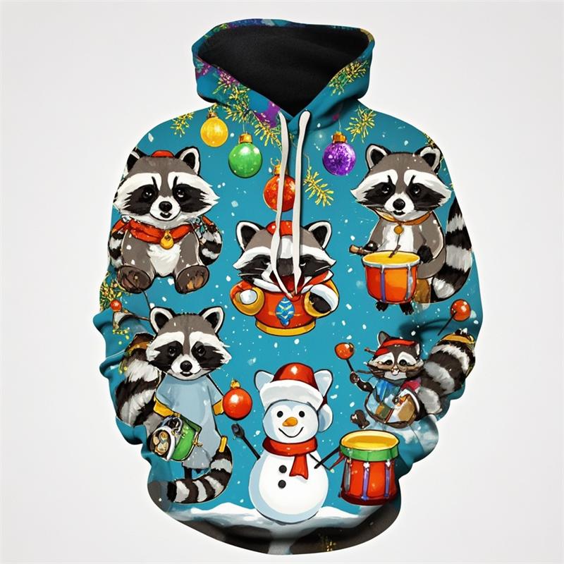 Cute Raccoon Graphic Sweatshirts Harajuku Fashion Christmas Hoodies For Men Female Clothes Tracksuit Boys Pullovers Kids Tops