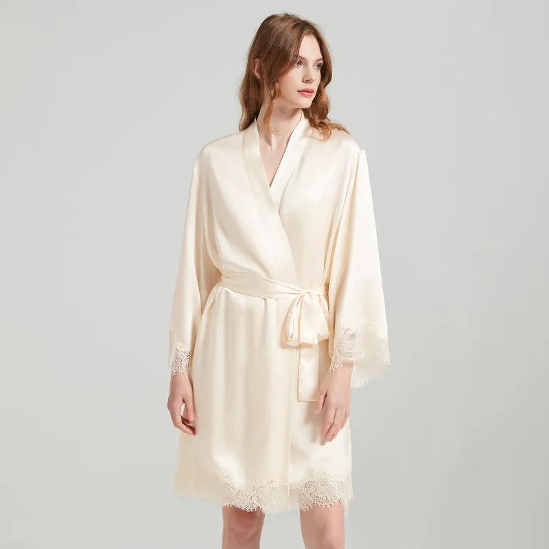 

Халат из чистого шелка, женская пижама, халат и пижамный комплект из 2 предметов, декорированная кружевом, домашняя одежда, пижамный комплект из шелка Mulberry XL