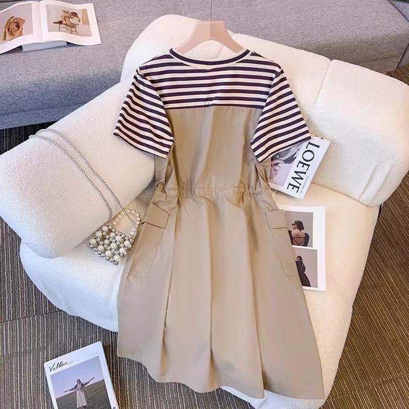 

Plus Size Drawstring Cargo Skirt & Striped Patchwork Dress Set 4XL for 150-165 kg хакі
