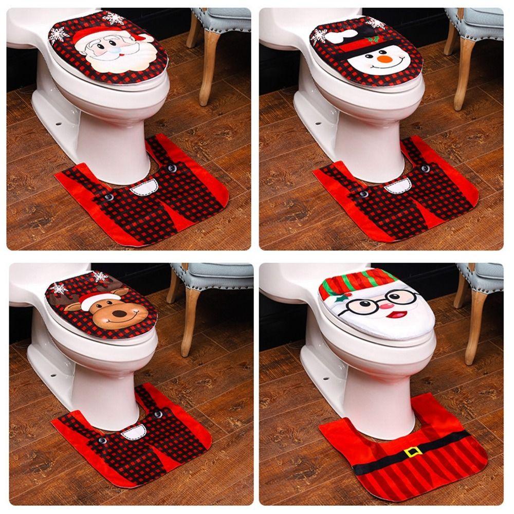 2Pcs/set Santa Pattern Bathroom Seat Set Dust Proof Santa Floor Carpet  Protection  Floor