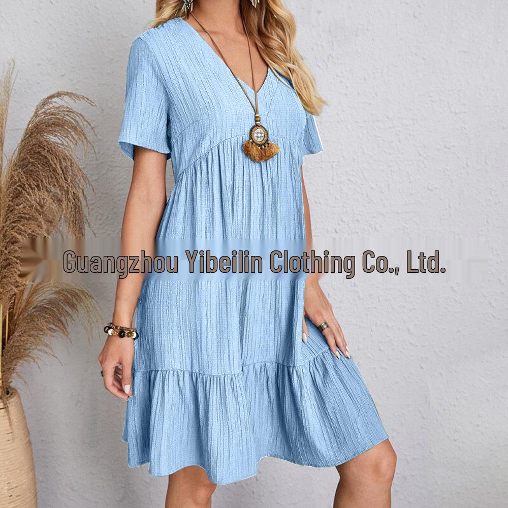 2026 Summer Women's Casual Short Sleeve Belted Flowy Dress