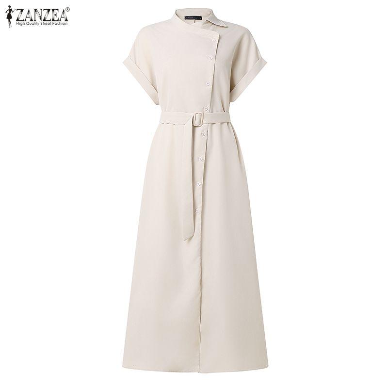 ZANZEA Women Summer Round Neck Casual Short Sleeve Long Dress