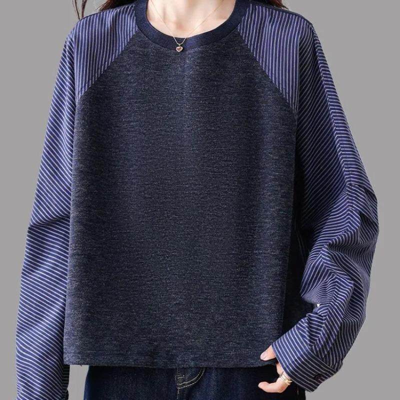Striped Patchwork Round Neck Sweatshirt for Women in Autumn Loose and Versatile Western Style Age-reducing Top