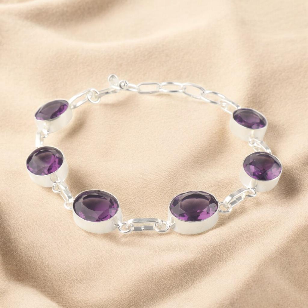 Ametist Ädelsten 925 Sterlingsilver Smycken Handgjort Armband 9" Gåva Till Hennes RB-5-6