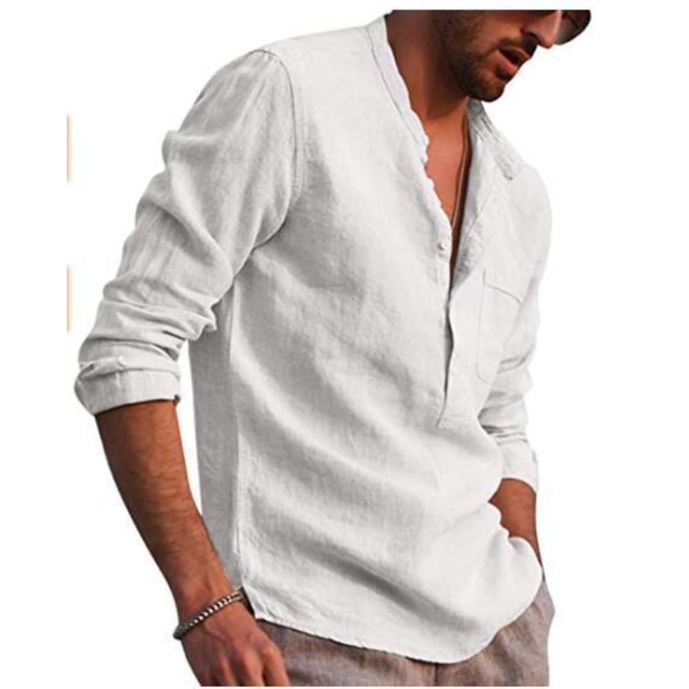 Herren Langes Ärmel V-Ausschnitt Lässig Strand Leinen Hemd