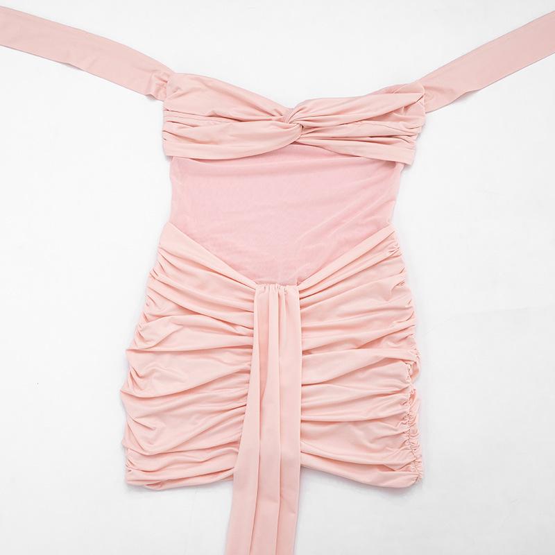Women Casual Solid Color Mesh Patchwork Twisted Halter Short Bodycon Dress